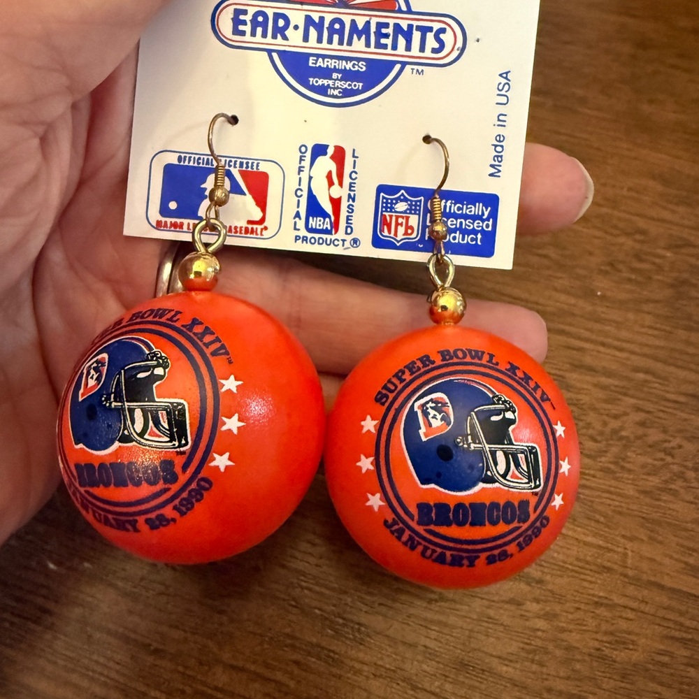 Vintage NFL Denver Broncos Super Bowl XXIV Ping Pong Ball Earrings RARE